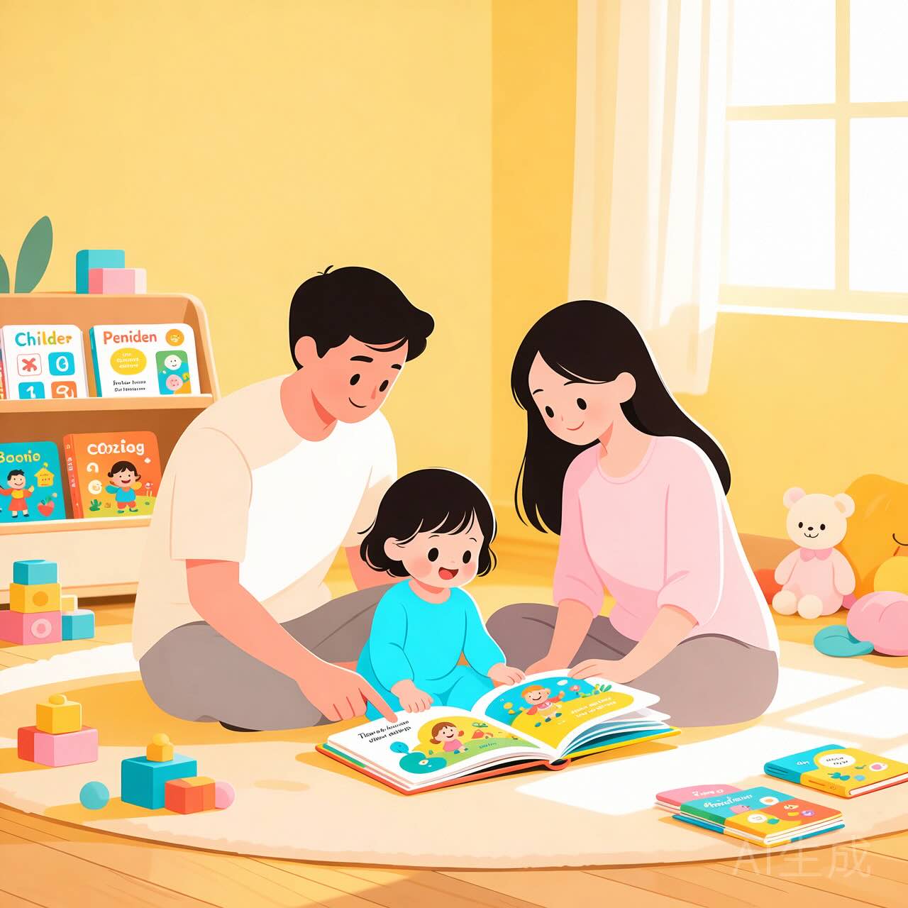 依诺学园品牌故事：亲子共学温馨场景插画